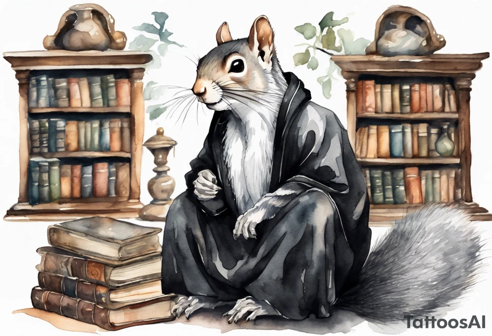 an elderly grey squirrel with a long beard wearing a black robe sitting in an ancient library tattoo idea