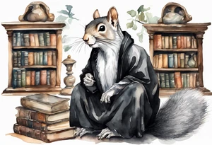 an elderly grey squirrel with a long beard wearing a black robe sitting in an ancient library tattoo idea
