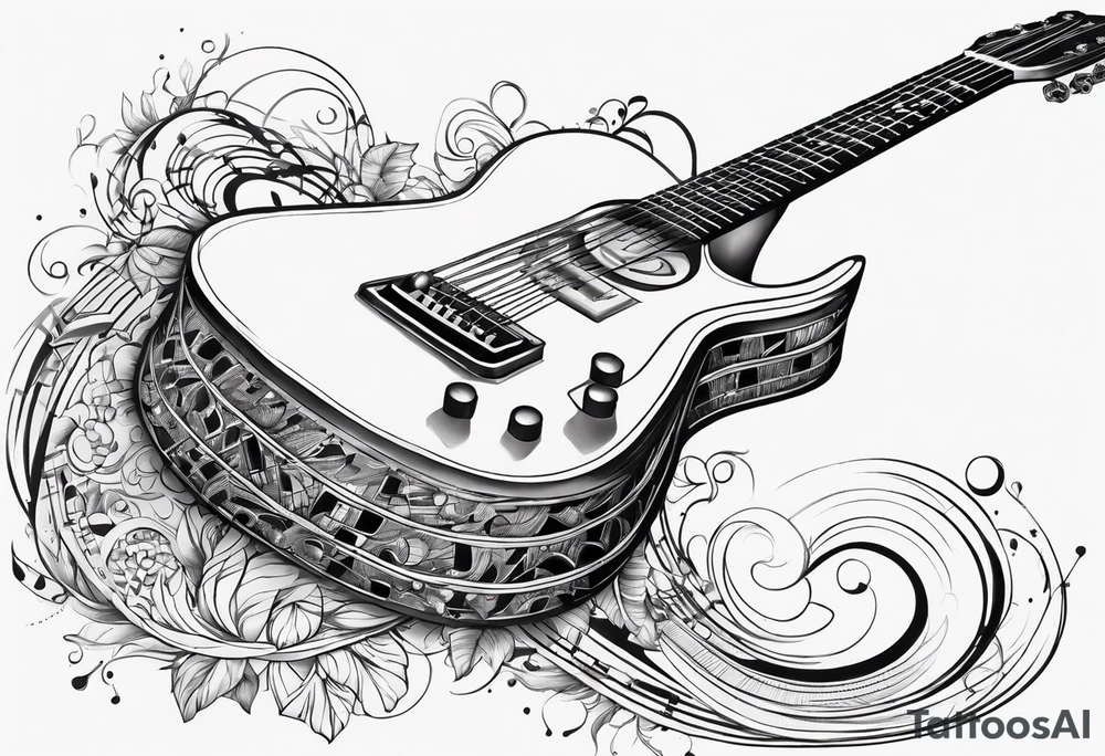 guitar with musical notes wrapped around it tattoo idea