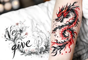 "Never give up" wrapped in the coils of a black and deep red dragon, representing power and perseverance. tattoo idea