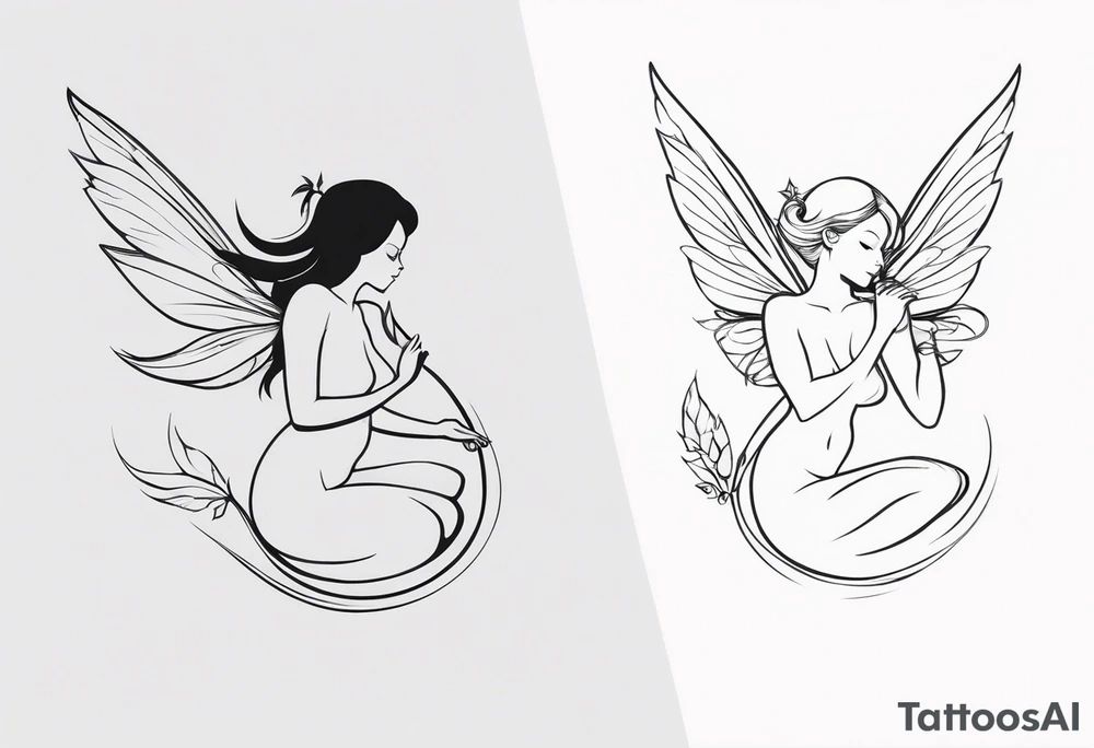 Minimalistic, monochromatic fairy with a tail flying to the left in a fetal position, leaning and looking in the same direction, with visible hands, embodying the 'Fairy Tail' logo aesthetic. tattoo idea