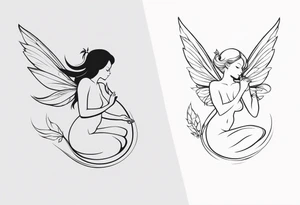 Minimalistic, monochromatic fairy with a tail flying to the left in a fetal position, leaning and looking in the same direction, with visible hands, embodying the 'Fairy Tail' logo aesthetic. tattoo idea