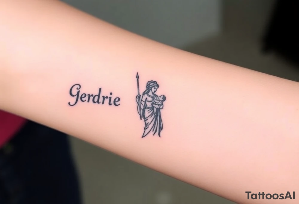 Greek black goddess Hera holding a baby in her right an a Draco with drum in the left hand tattoo idea
