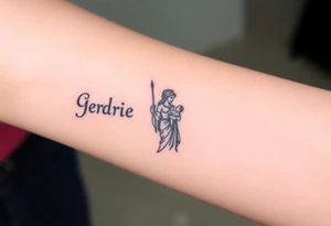 Greek black goddess Hera holding a baby in her right an a Draco with drum in the left hand tattoo idea