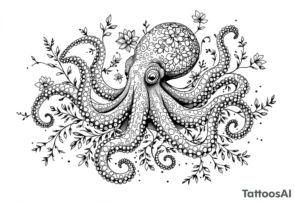 realistic octopus, detailed linework, intricate, black-and-grey shading, surrounded by floral ornaments, intertwining and merging with flowers, thin black swirling lines, semi-transparent brown leaves, dotwork, ornamental flourishes, radiating design, fine-line style, minimalistic, organic flow, feminine, artistic, slightly surreal, seamless composition, marine botanical fusion, lifelike texture, graceful rhythm, smooth shading, soft leaves wrapping, blooming shoulder flower, outward radiating pattern, vine tentacle flow, integrated sea creature, botanical octopus curved body placement, natural organic movement tattoo idea