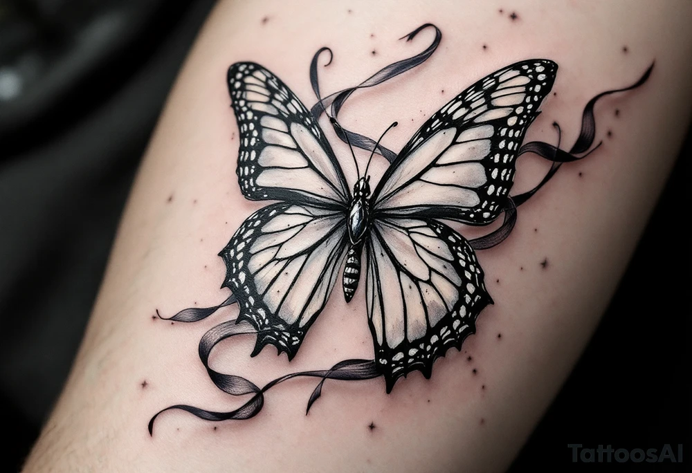 ethereal butterfly with flowing silk ribbons in moonlight tattoo idea
