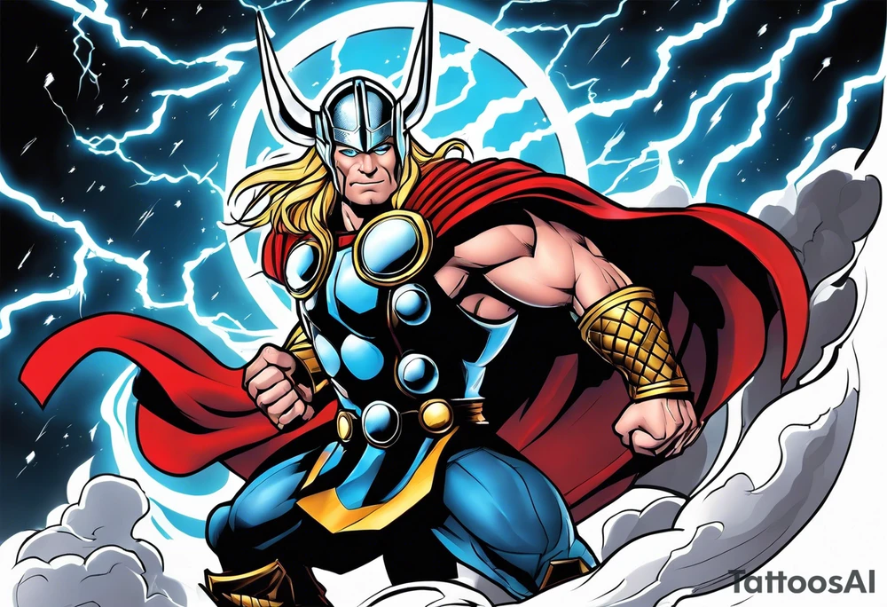 The Mighty Thor  with lightning in the background tattoo idea