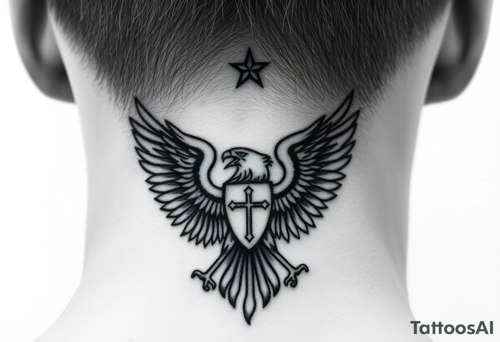 Double-headed eagle outline only (no shading) — suits neck skin which ages differently
Star above, small orthodox cross below tattoo idea