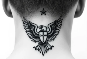 Double-headed eagle outline only (no shading) — suits neck skin which ages differently
Star above, small orthodox cross below tattoo idea