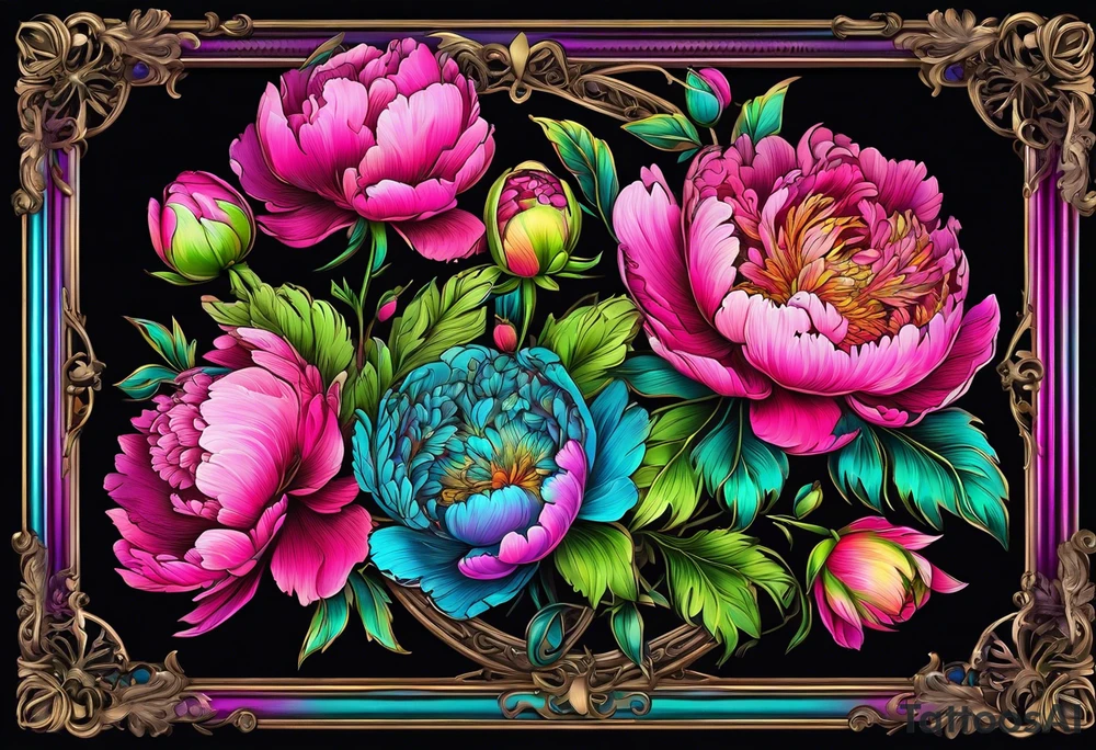 neon colorful peonies,neon colored, surrounding on the outside of a empty beautiful intricate rounded victorian style empty picture frame with filigree tattoo idea