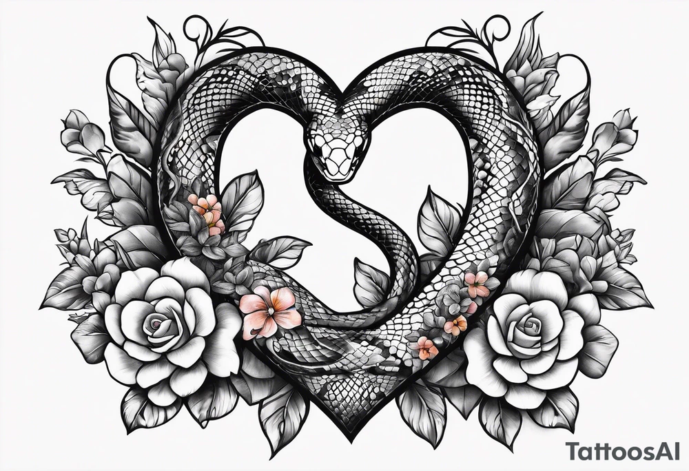 snakes wrapped around a heart with flowers tattoo idea