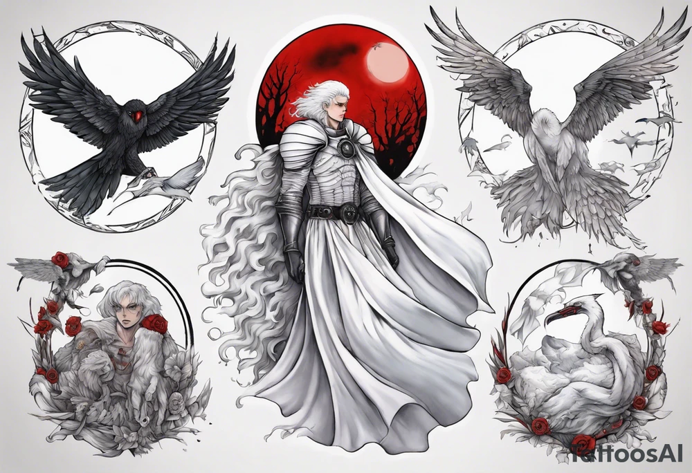 neo traditional, griffith from berserk, manga, white feather bird, red eclipse tattoo idea