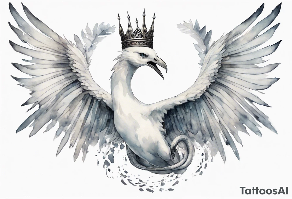 a white bird-serpent hybrid, wearing a pewter crown on its head, flying in the air tattoo idea