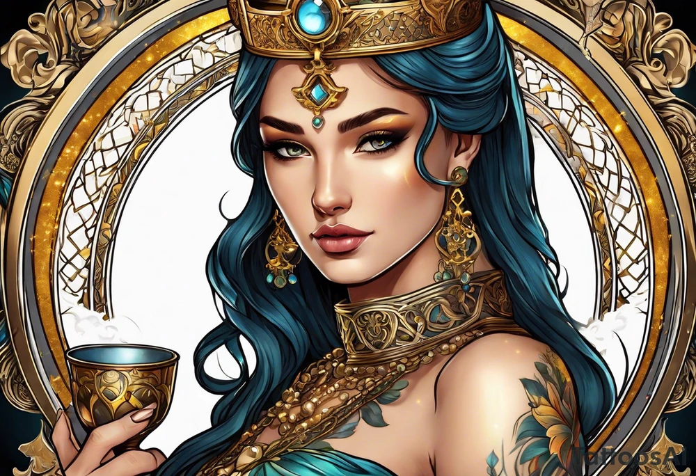 woman holding chalice surrounded by golden halo tattoo idea
