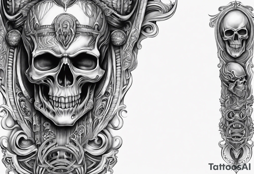 H.R Giger style thigh tattoo with skulls tattoo idea