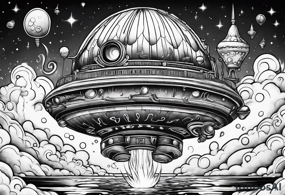 thin rocketship with a psychedelic mushroom top with fire coming out the bottom bursting out of bubble tattoo idea
