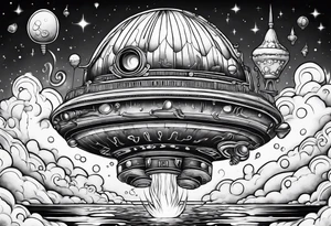 thin rocketship with a psychedelic mushroom top with fire coming out the bottom bursting out of bubble tattoo idea