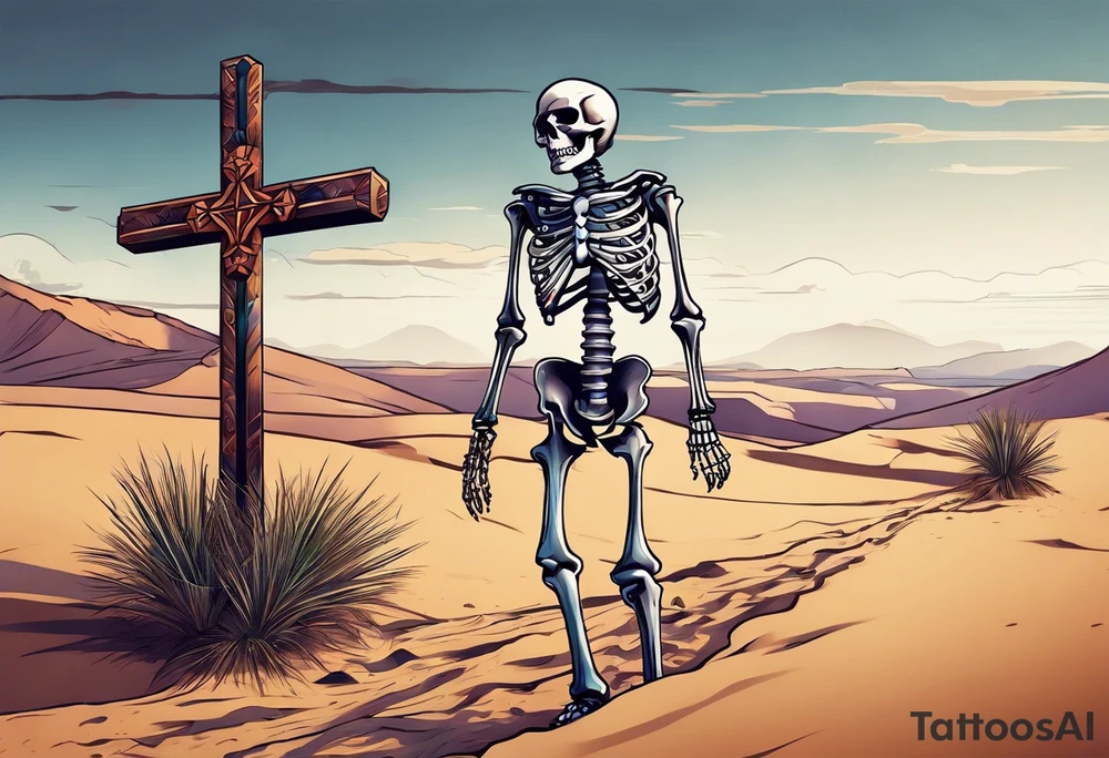 skeleton walking towards a cross in a desert tattoo idea