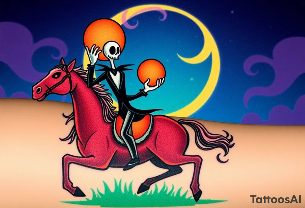 Tim Burton’s headless horseman is riding in the night he holds his pumpkin head in hand as his horse bucks upwards and dripping with muted reds, dusty pinks, and eerie green glow.purple and cyan smokey clouds swirl in the crescent moonlit sky thats sprinkled with stars tattoo idea tattoo idea