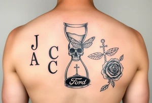 Hourglass with the letters J, A, and C in the sand, skull, dragonfly, cross, black rose, and Ford emblem tied into each other tattoo idea