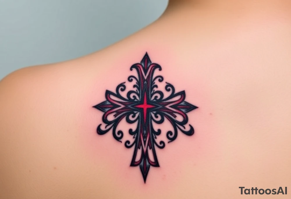A Gothic-style Maltese cross with dark crimson shading and intricate baroque filigree, evoking mystery and power tattoo idea
