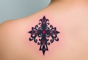 A Gothic-style Maltese cross with dark crimson shading and intricate baroque filigree, evoking mystery and power tattoo idea