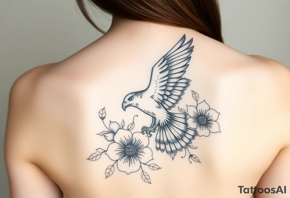 A hawk turning into flowers tattoo idea