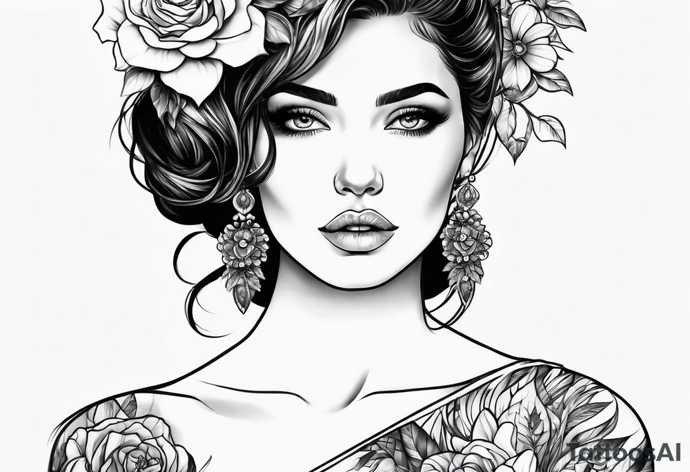 Half faced woman with flowers tattoo idea