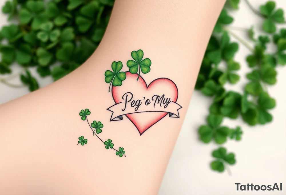 A ton of green shamrocks together with a big pale pink heart with a banner across the heart that says Peg 'o My Heart tattoo idea