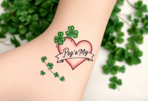 A ton of green shamrocks together with a big pale pink heart with a banner across the heart that says Peg 'o My Heart tattoo idea