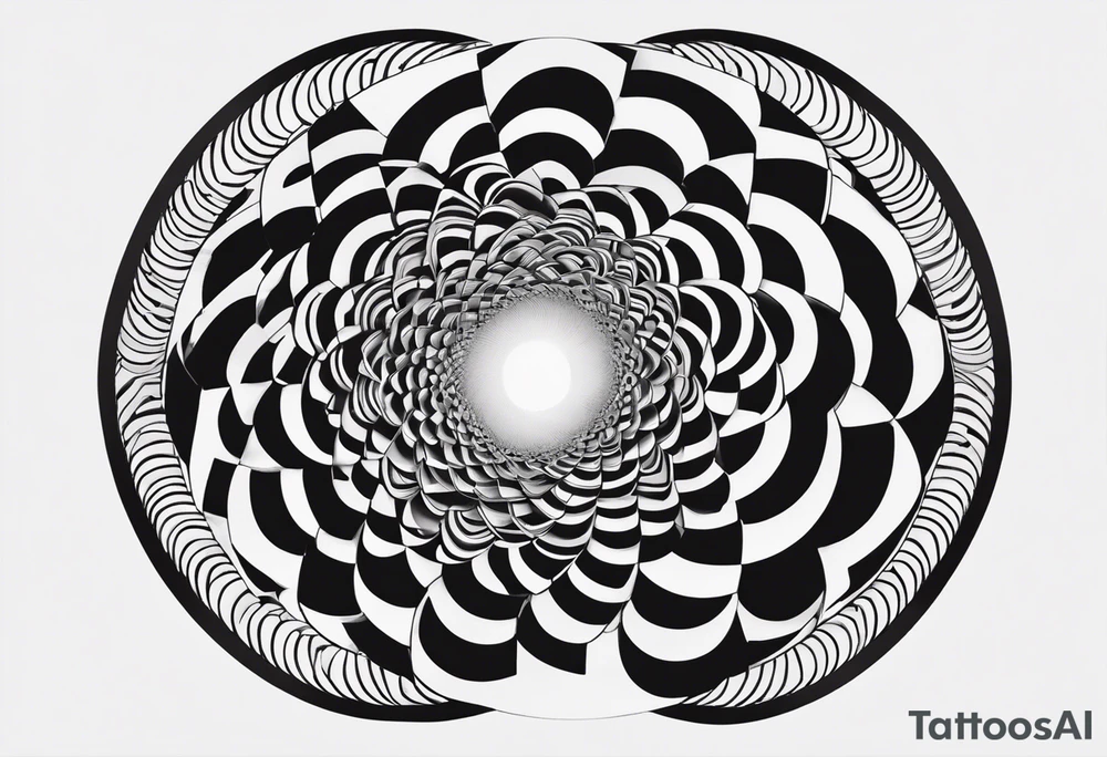 Concentric circles with alternating rings that flip from black to white every 90 degrees, alternating with an mc Escher vibe tattoo idea