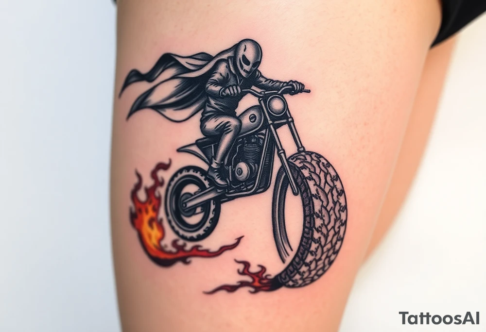 Ghost rider riding leaving fire tire marks tattoo idea