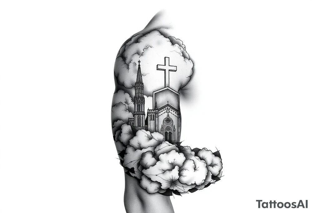 Half sleeve. powerful, cloud, shield, cross, sky, cathedral tattoo idea