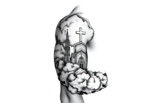 Half sleeve. powerful, cloud, shield, cross, sky, cathedral tattoo idea