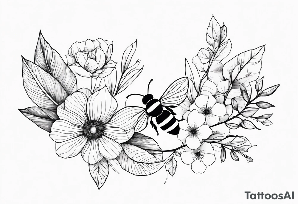 Arm wrap floral dainty soft leaves with bee tattoo idea