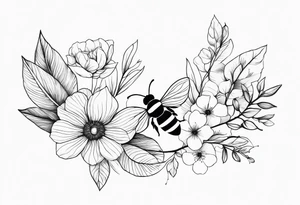 Arm wrap floral dainty soft leaves with bee tattoo idea