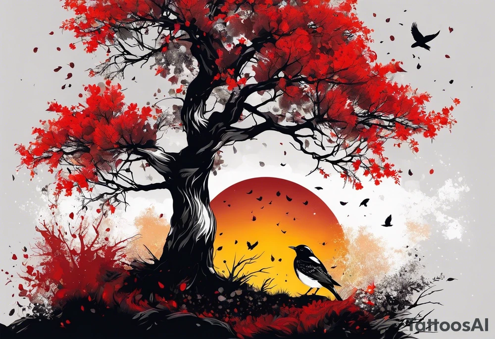 trash polka style. Arm tattoo. chest tattoo. Long tattoo. large tattoo. Full sleeve. Shoulder. A single large maple tree with red autumn leaves that branches upwards from wrist to shoulder. White-throated dipper bird on the trees branches. Calluna flowers at the base of the trees stem. Red/yellow sunset behind the trees stem. Leaves falling. tattoo idea
