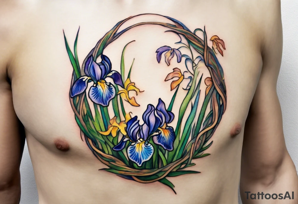 Create a small, colorful Vincent van Gogh Irises tattoo in the form of a crescent, with vines gracefully intertwining at a central point in the middle of the wreath. The intended placement is on the upper chest. The middle needs mountains. The overall design should be small in size while maintaining a delicate and artistic aesthetic. Pay attention to the graceful flow of the vines and the placement of the irises to achieve a refined and elegant look. tattoo idea