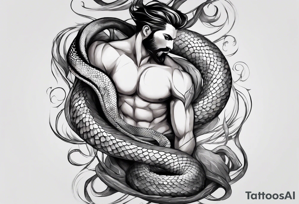 A snake wrapping around the legs of a man with 8 arms and no face in pencil drawing style. The upper part of the snake will come up from the right and look back at the man figure. There will be a black eye above the man looking directly forward. tattoo idea