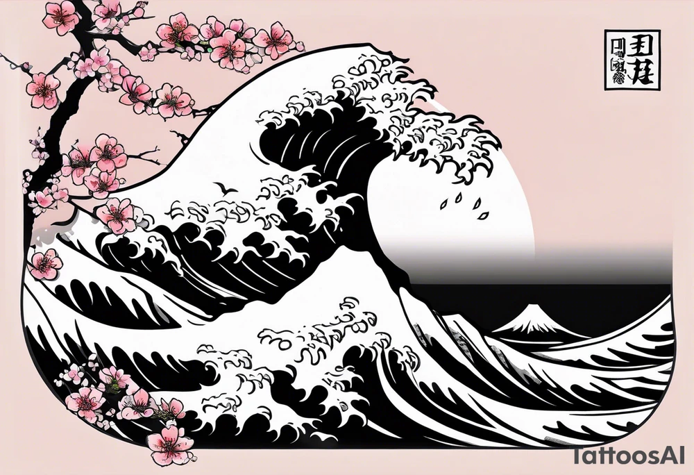 Japanese tori rounded by cherry blossom and death flower and Japanese wave tattoo idea
