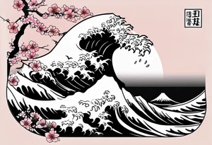 Japanese tori rounded by cherry blossom and death flower and Japanese wave tattoo idea