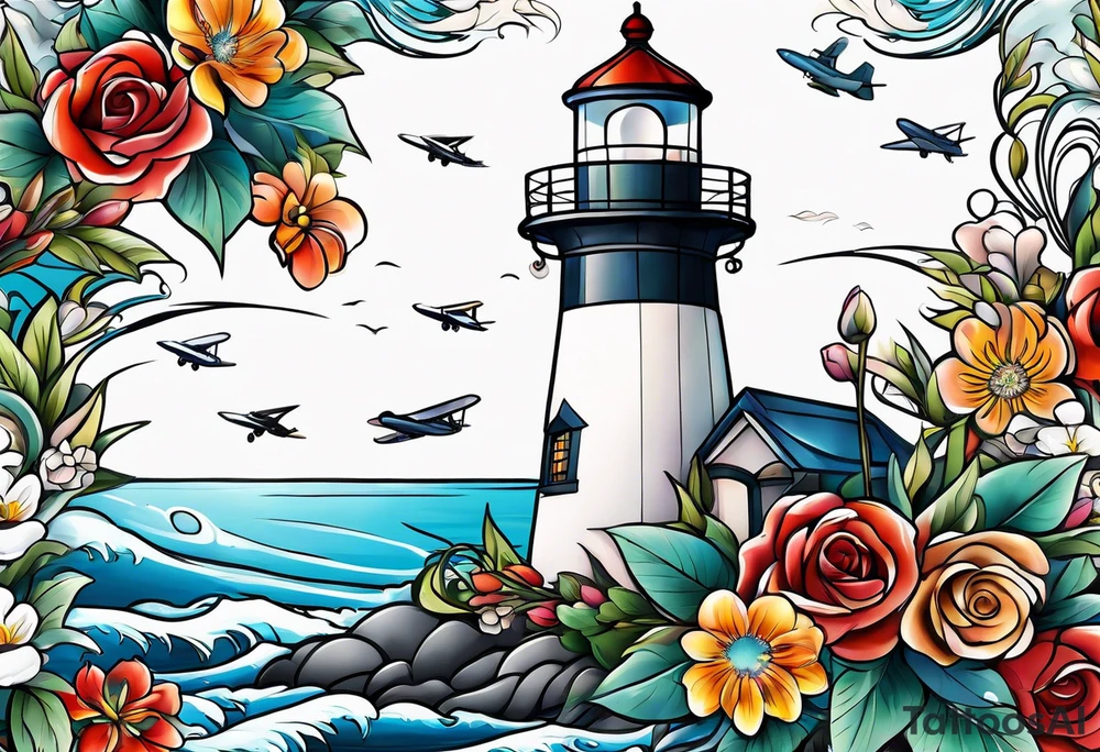 Fast car
Lighthouse 
Airplanes 
Flowers 
Ocean tattoo idea