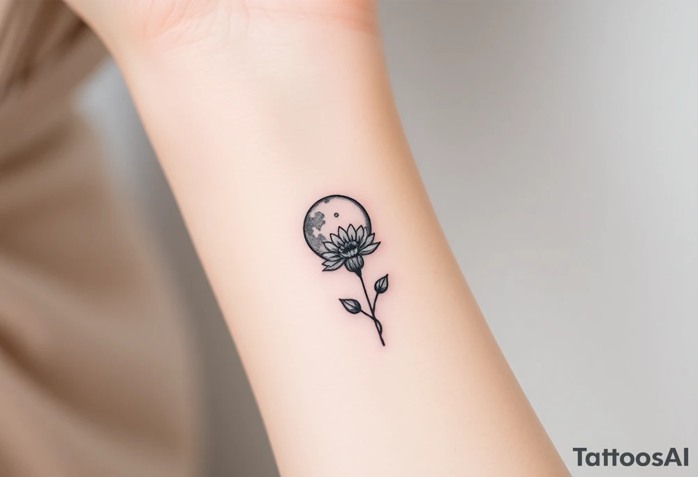 Small black ink minimalist tattoo with full moon, small chrysanthemum and tiny scorpio gliph tattoo idea