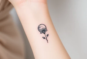 Small black ink minimalist tattoo with full moon, small chrysanthemum and tiny scorpio gliph tattoo idea