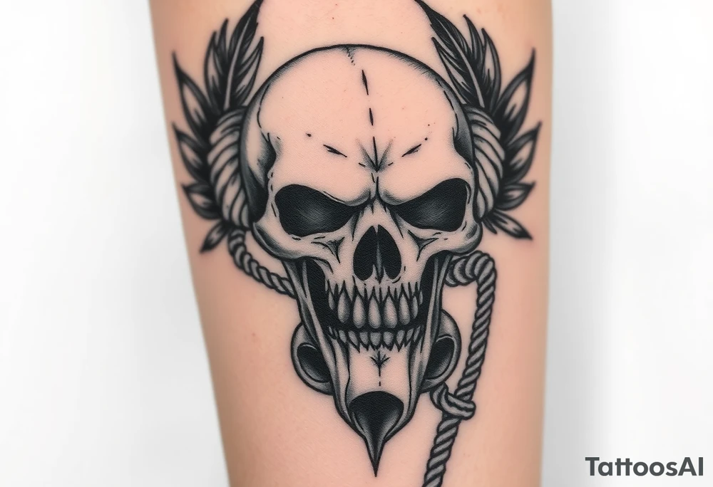 tattoo depicts a detailed skull with large fangs and ropes tied around it. The skull is surrounded by black feathers, with part of another skull visible underneath. The tattoo is done in a black and gray technique, which gives it a dramatic and mystical look tattoo idea