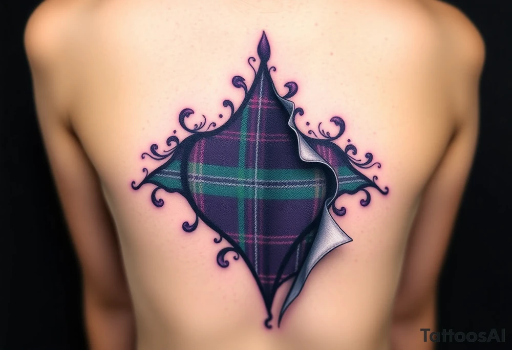 Breasts

Dark Purple with green pink blue and white highlights tartan fabric with skin around edges peeling and wrapping around side of shoulder tattoo idea