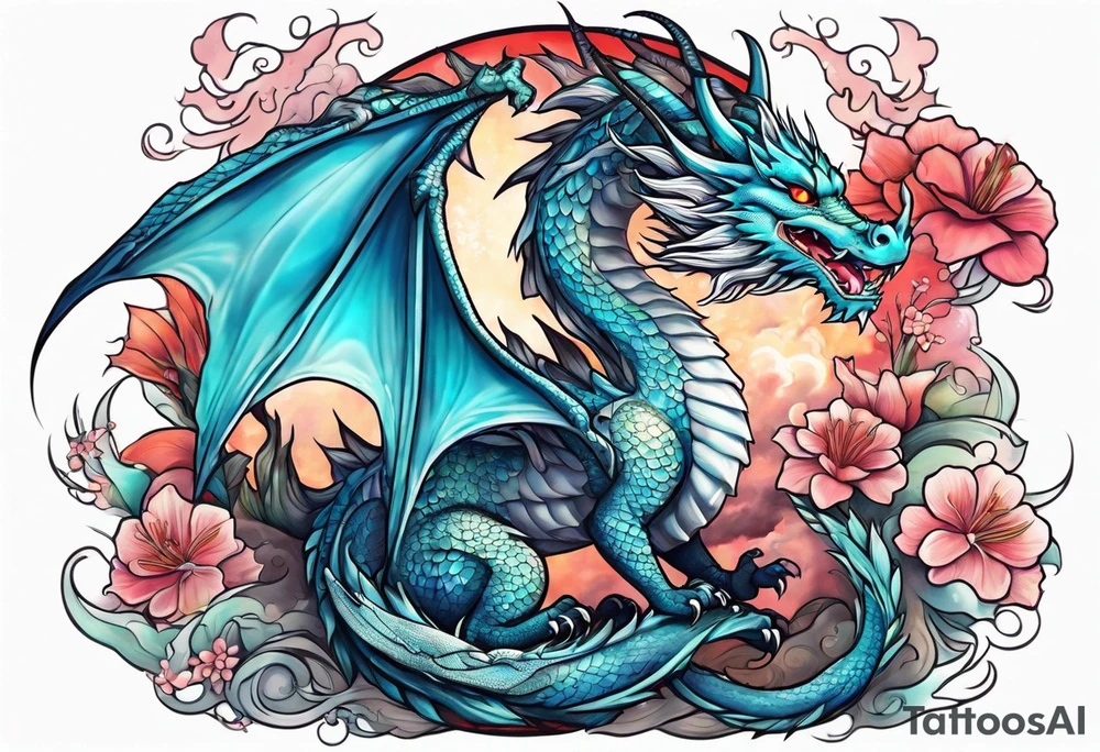 Japanese female Dragon cute, celestial, cross tattoo idea