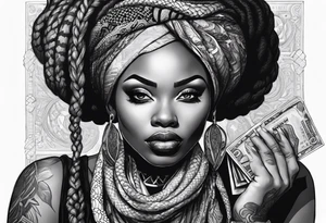 muslim African woman  with snake dreads biting money tattoo idea