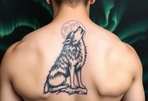 lone wolf howling at full moon with northern lights backdrop tattoo idea