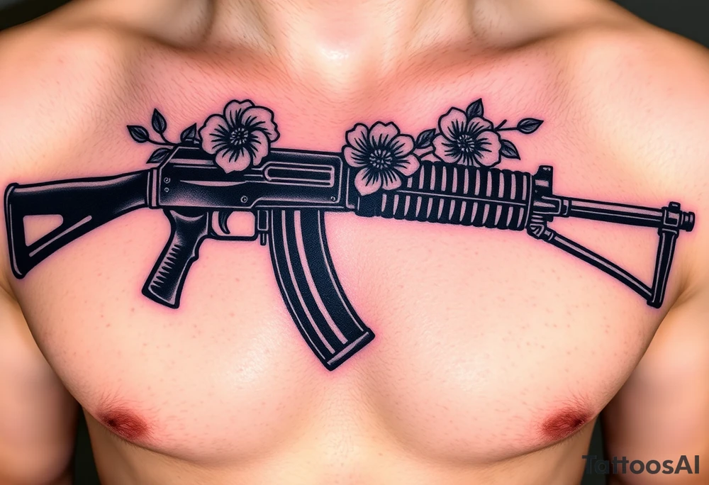 ak 47 black silhouette with floreal details tattoo idea